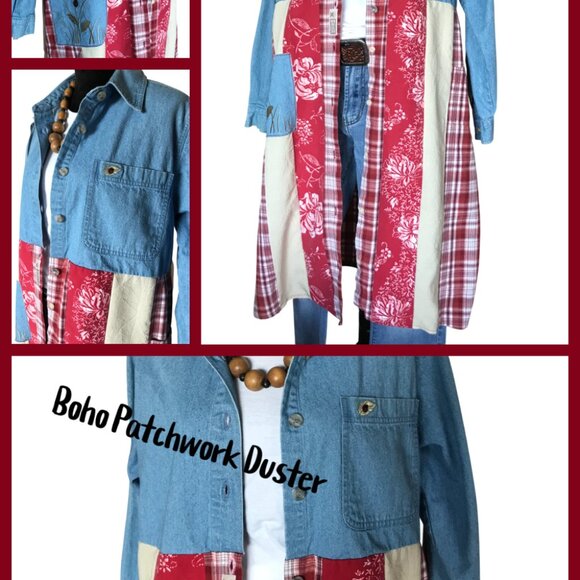 Patchwork Duster, Size L: Upcycled Button-Down Boho Jacket Dress, Lady Bugs - Picture 13 of 13